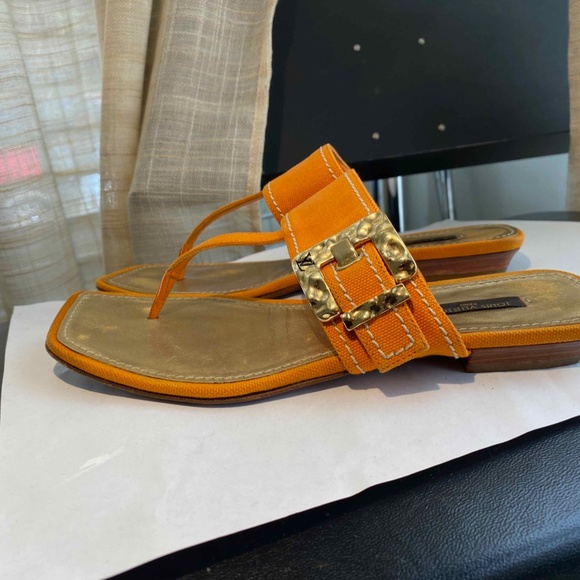 LOUIS VUITTON ORANGE CANVAS THONG SANDALS GOLD BUCKLE SZ 36-6 ITALY FLATS SLIDES - Picture 8 of 10
